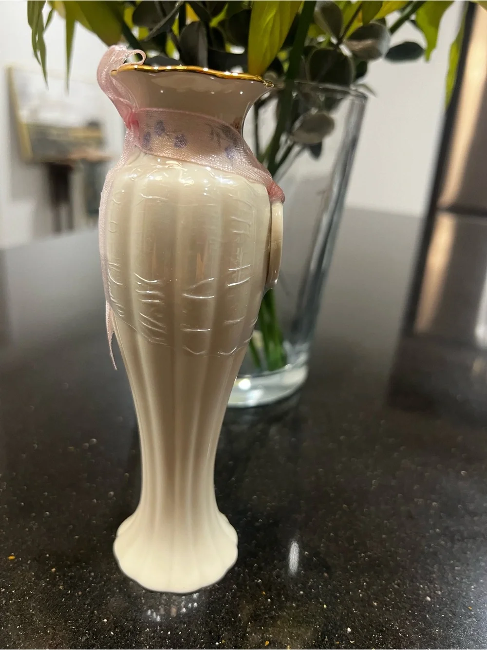 Lenox Cream Porcelain Heart Motif Bud Vase with Pink Ribbon Accent